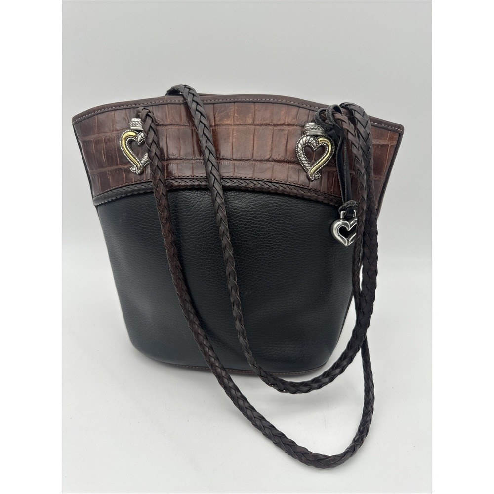 Brighton Courtney Black Pebbled Leather‎ Croc Embossed Tote Handbag EUC